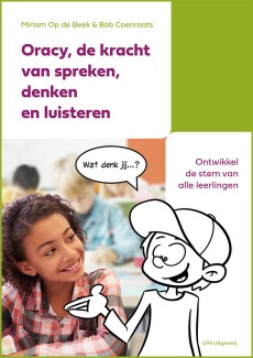 boekvoorkant met titel en eronder foto van meisje dat stripfiguur lachend aankijkt die in denkwolk zegt: Wat denk jij?