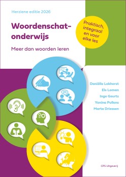 Voorkant boek Woordenschatonderwijs, meer dan woorden leren. 3 cirkels in blauw, groen, geel met erin allerlei pictogrammen.