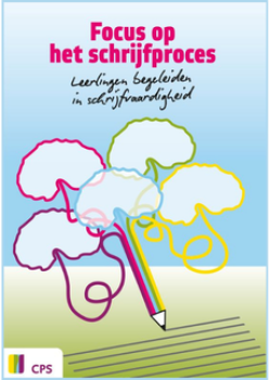 Voorkant boek Focus op het schrijfproces; leerlingen begeleiden in schrijfvaardigheid. Een potlood met gekleurde denkwolken.