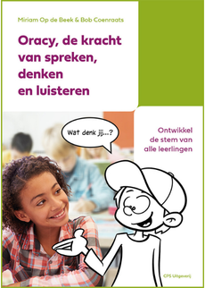 Voorkant boek Oracy, de kracht van spreken, denken en luisteren. Echt meisje kijkt naar stripfiguur die vraagt: wat denk jij?